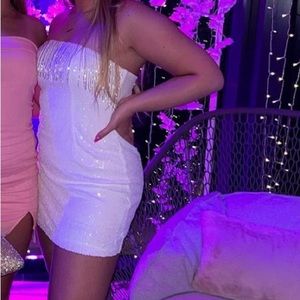 Elisabeth Mini Dress - Bead Fringe Strapless Sequin Dress in White